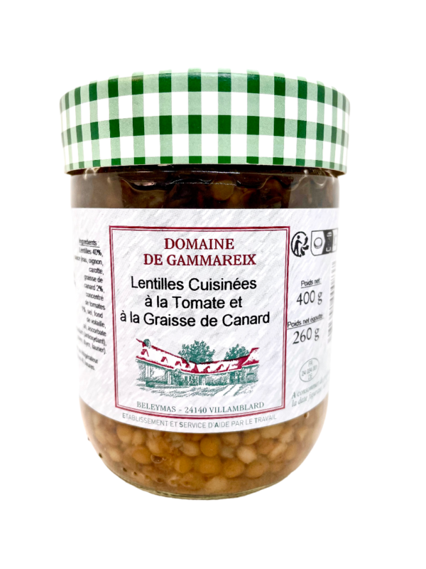 lentilles cuisinées à la tomate et à la graisse de canard